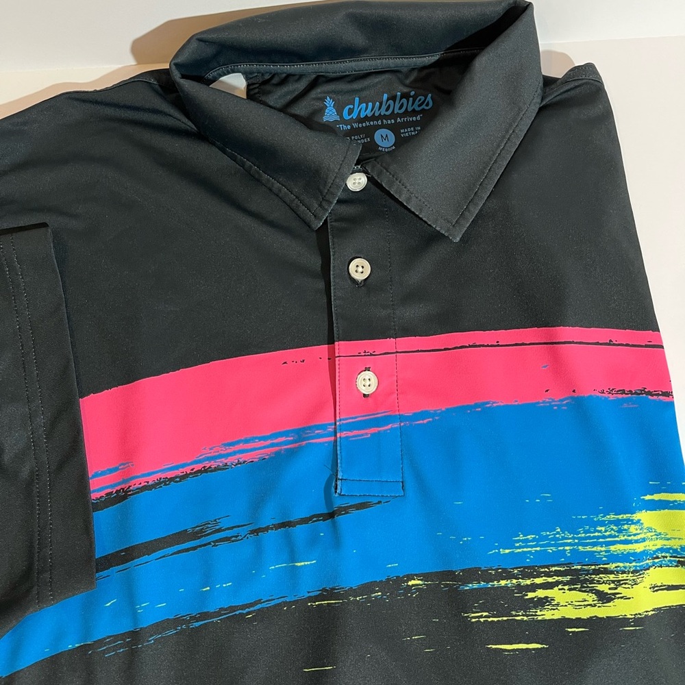 Chubbies Polo Shirt Mens Med Paintbrush Performance Golf Stretch Black Retro Top